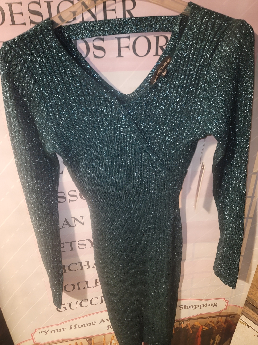 Almost Famous Sparkle Ribbed Wrap-Front Teal Dress